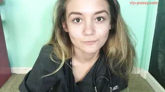 Clay Beach busty young lady caresses shaved cunt